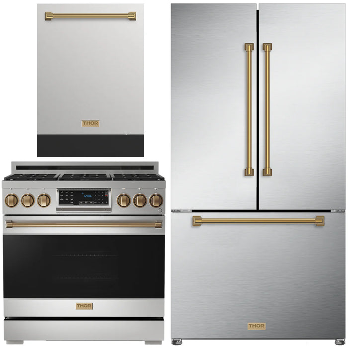 Gordon Ramsay by THOR Kitchen Package - 36" Gas Range, 36" Refrigerator with Ice Maker and Dishwasher in Stainless Steel with Bronze Accents, AP-RSG36-BRZ-2