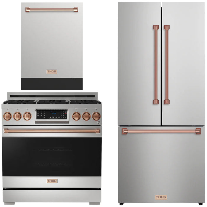 Gordon Ramsay by THOR Kitchen Package - 36" Gas Range, 30" Refrigerator with Ice Maker and Dishwasher in Stainless Steel with Rose Gold Accents, AP-RSG36-RSG-1