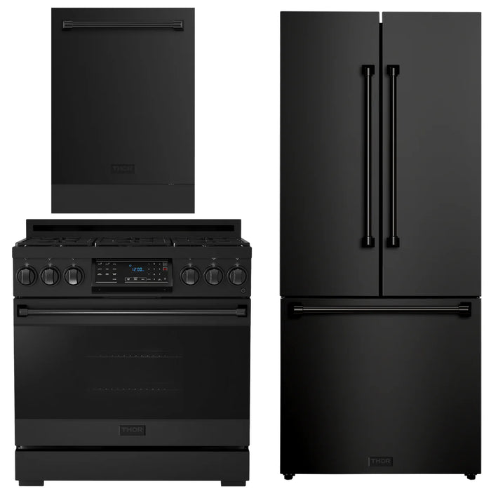 Gordon Ramsay by THOR Kitchen Package - 36" Gas Range, 30" Refrigerator with Ice Maker and Dishwasher in Black Matte with Black Accents, AP-RSG36B-1