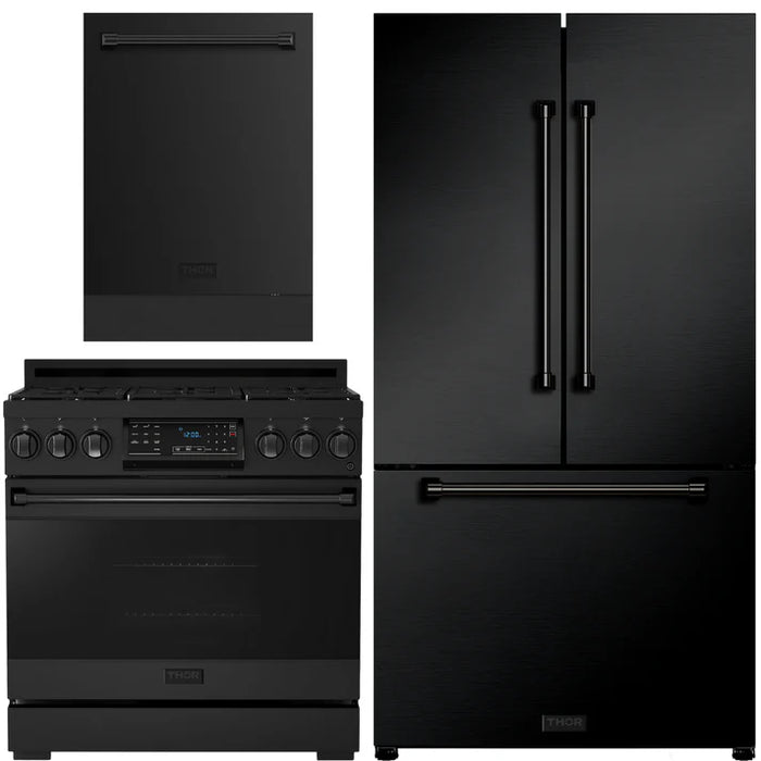 Gordon Ramsay by THOR Kitchen Package - 36" Gas Range, 36" Refrigerator with Ice Maker and Dishwasher in Black Matte with Black Accents, AP-RSG36B-2