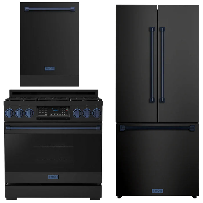 Gordon Ramsay by THOR Kitchen Package - 36" Gas Range, 30" Refrigerator with Ice Maker and Dishwasher in Black Matte with Navy Blue Accents, AP-RSG36B-BLU-1
