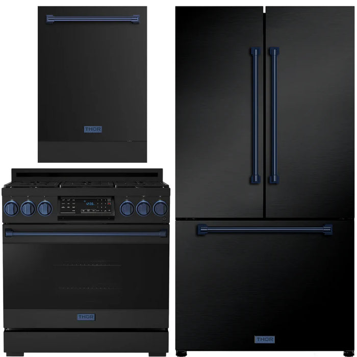 Gordon Ramsay by THOR Kitchen Package - 36" Gas Range, 36" Refrigerator with Ice Maker and Dishwasher in Black Matte with Navy Blue Accents, AP-RSG36B-BLU-2
