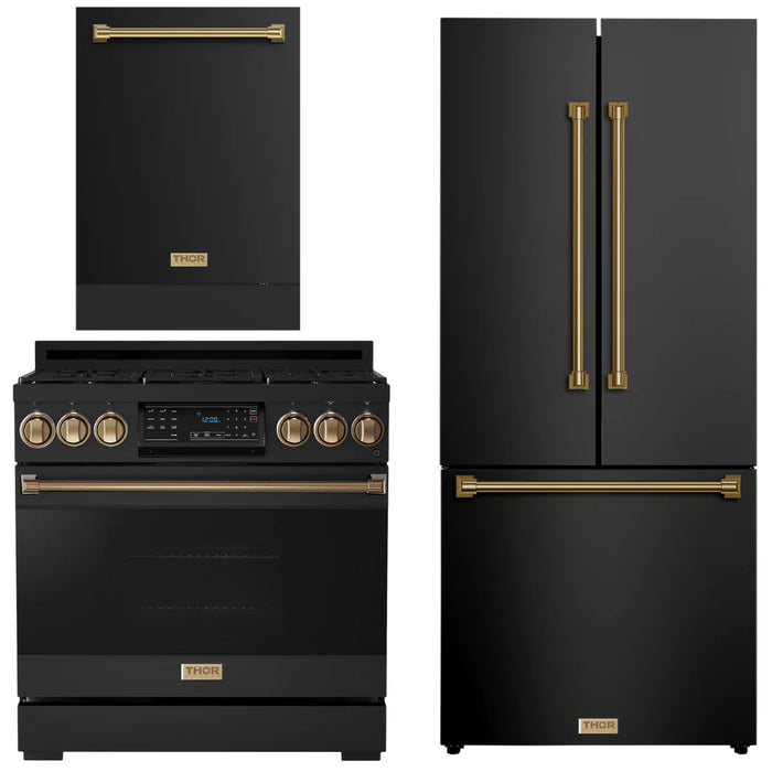 Gordon Ramsay by THOR Kitchen Package - 36" Gas Range, 30" Refrigerator with Ice Maker and Dishwasher in Black Matte with Bronze Accents, AP-RSG36B-BRZ-1