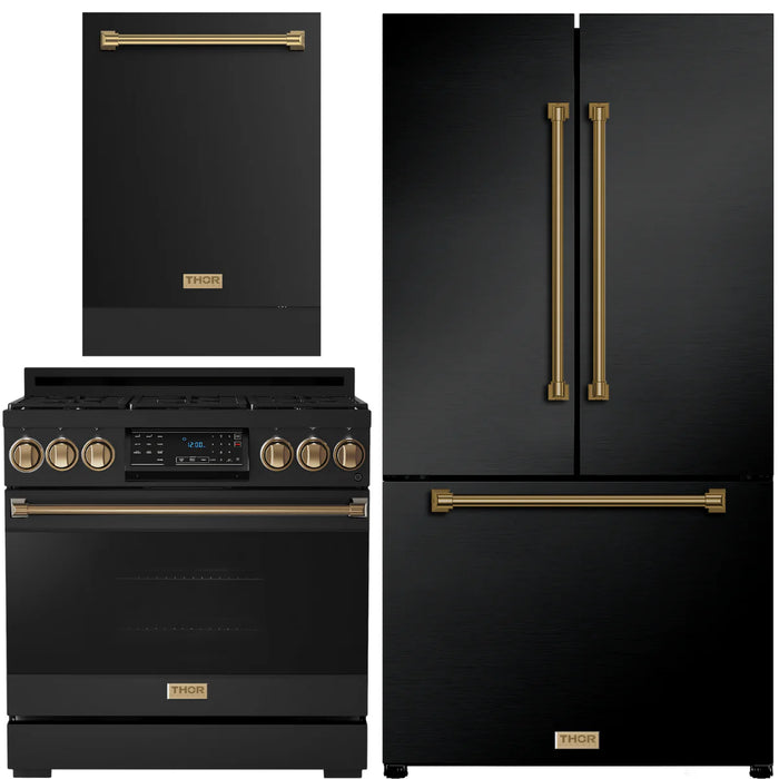 Gordon Ramsay by THOR Kitchen Package - 36" Gas Range, 36" Refrigerator with Ice Maker and Dishwasher in Black Matte with Bronze Accents, AP-RSG36B-BRZ-2