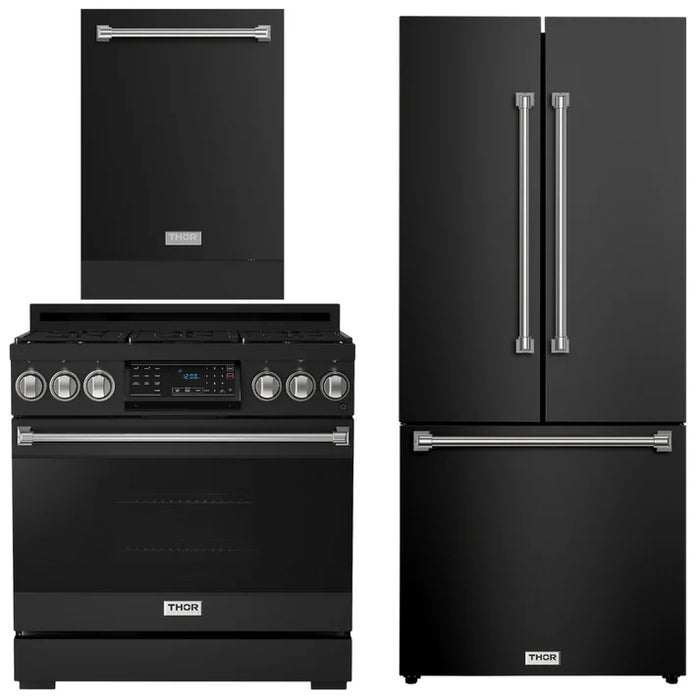 Gordon Ramsay by THOR Kitchen Package - 36" Gas Range, 30" Refrigerator with Ice Maker and Dishwasher in Black Matte with Stainless Steel Accents, AP-RSG36B-SS-1