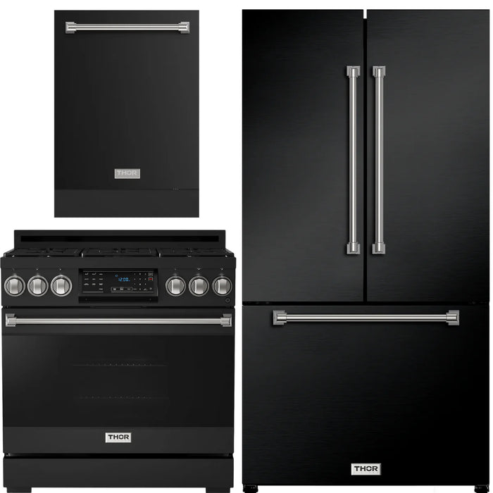 Gordon Ramsay by THOR Kitchen Package - 36" Gas Range, 36" Refrigerator with Ice Maker and Dishwasher in Black Matte with Stainless Steel Accents, AP-RSG36B-SS-2
