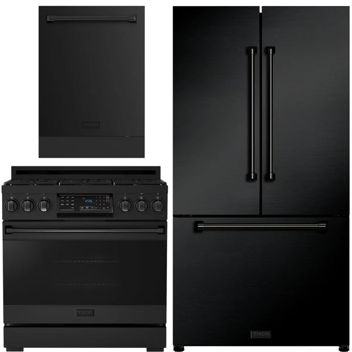 Gordon Ramsay by THOR Kitchen Package - 36" Gas Range, 36" Refrigerator with Ice Maker and Dishwasher in Black Matte with Black Accents, AP-RSG36BLP-2