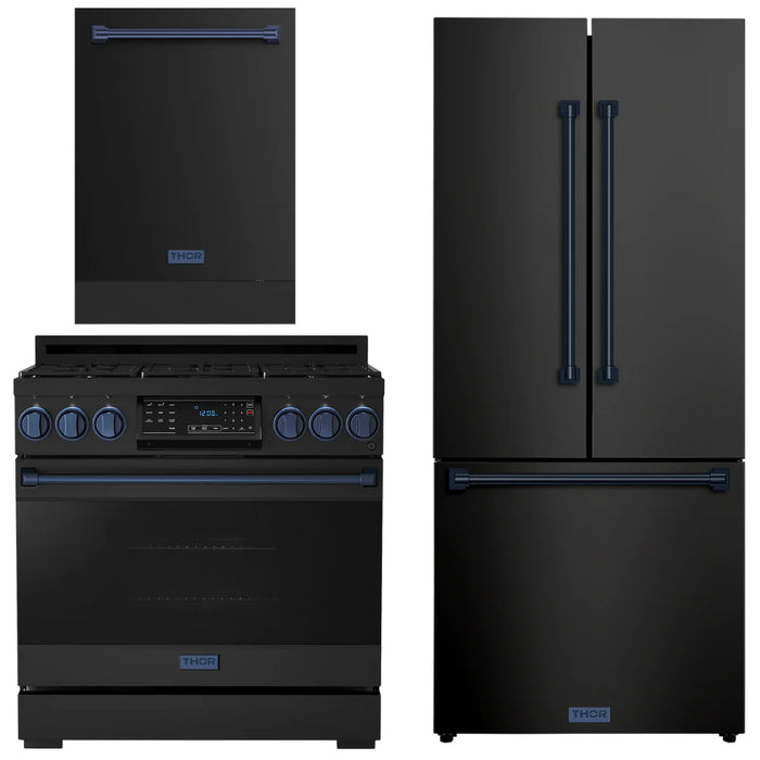 Gordon Ramsay by THOR Kitchen Package - 36" Gas Range, 30" Refrigerator with Ice Maker and Dishwasher in Black Matte with Navy Blue Accents, AP-RSG36BLP-BLU-1