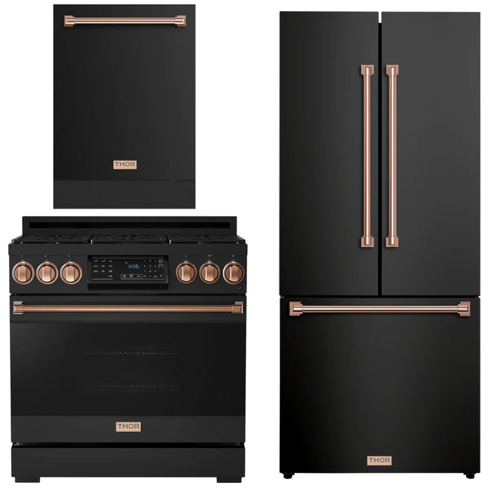 Gordon Ramsay by THOR Kitchen Package - 36" Gas Range, 30" Refrigerator with Ice Maker and Dishwasher in Black Matte with Rose Gold Accents, AP-RSG36BLP-RSG-1