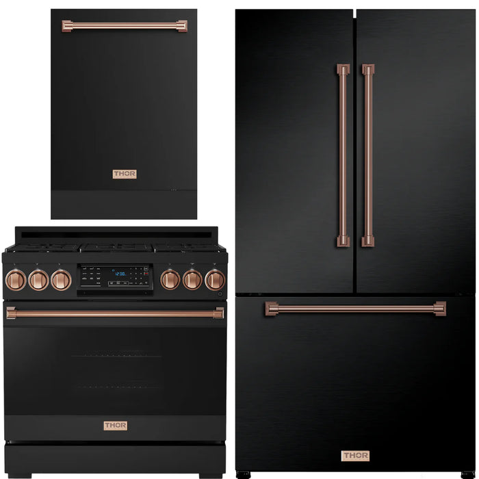 Gordon Ramsay by THOR Kitchen Package - 36" Gas Range, 36" Refrigerator with Ice Maker and Dishwasher in Black Matte with Rose Gold Accents, AP-RSG36BLP-RSG-2