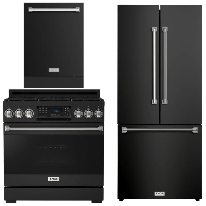 Gordon Ramsay by THOR Kitchen Package - 36" Gas Range, 30" Refrigerator with Ice Maker and Dishwasher in Black Matte with Stainless Steel Accents, AP-RSG36BLP-SS-1