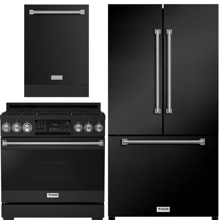 Gordon Ramsay by THOR Kitchen Package - 36" Gas Range, 36" Refrigerator with Ice Maker and Dishwasher in Black Matte with Stainless Steel Accents, AP-RSG36BLP-SS-2