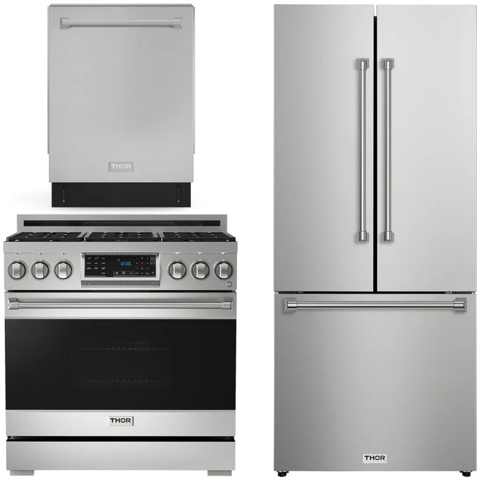 Gordon Ramsay by THOR Kitchen Package - 36" Gas Range, 30" Refrigerator with Ice Maker and Dishwasher in Stainless Steel, AP-RSG36LP-1