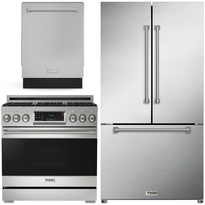 Gordon Ramsay by THOR Kitchen Package - 36" Gas Range, 36" Refrigerator with Ice Maker and Dishwasher in Stainless Steel, AP-RSG36LP-2