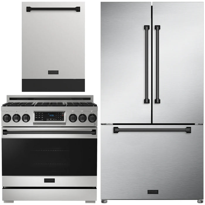 Gordon Ramsay by THOR Kitchen Package - 36" Gas Range, 36" Refrigerator with Ice Maker and Dishwasher in Stainless Steel with Black Accents, AP-RSG36-BLK-2