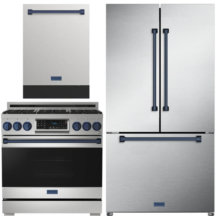Gordon Ramsay by THOR Kitchen Package - 36" Gas Range, 36" Refrigerator with Ice Maker and Dishwasher in Stainless Steel with Navy Blue Accents, AP-RSG36LP-BLU-2