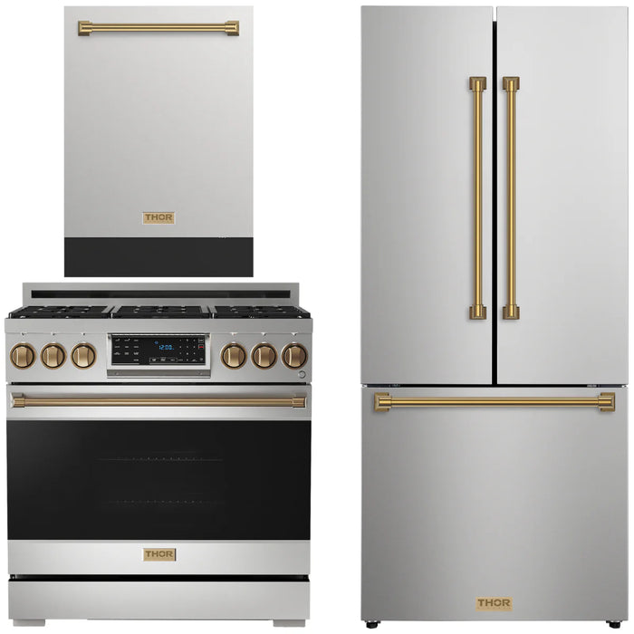 Gordon Ramsay by THOR Kitchen Package - 36" Gas Range, 30" Refrigerator with Ice Maker and Dishwasher in Stainless Steel with Bronze Accents, AP-RSG36LP-BRZ-1
