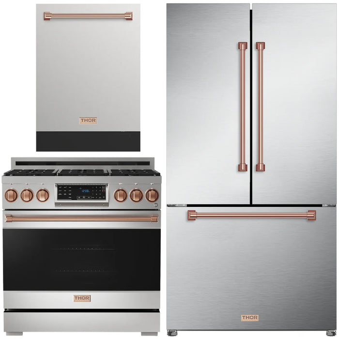 Gordon Ramsay by THOR Kitchen Package - 36" Gas Range, 36" Refrigerator with Ice Maker and Dishwasher in Stainless Steel with Rose Gold Accents, AP-RSG36LP-RSG-2