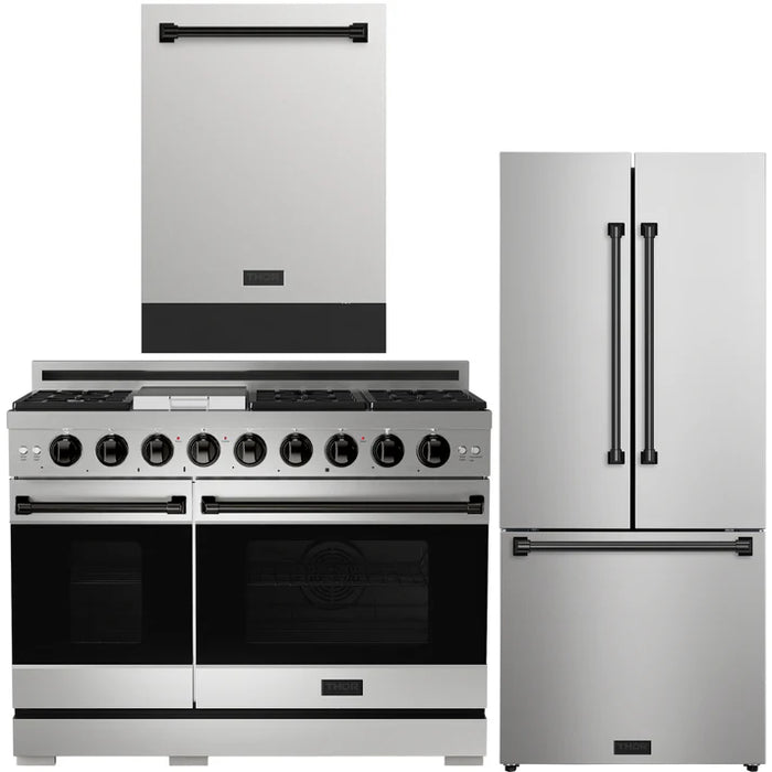 Gordon Ramsay by THOR Kitchen Package - 48" Gas Range, 30" Refrigerator with Ice Maker and Dishwasher in Stainless Steel with Black Accents, AP-RSG48E-BLK-1