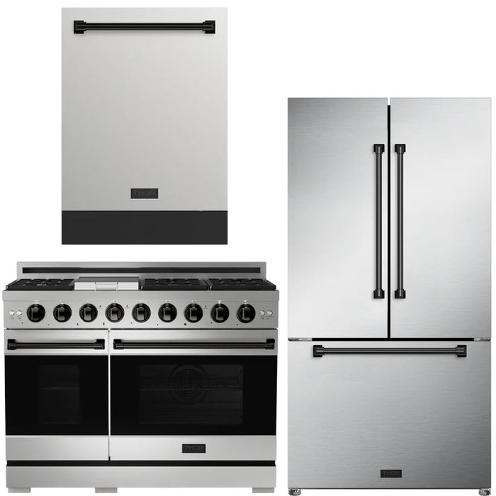 Gordon Ramsay by THOR Kitchen Package - 48" Gas Range, 36" Refrigerator with Ice Maker and Dishwasher in Stainless Steel with Black Accents, AP-RSG48E-BLK-2