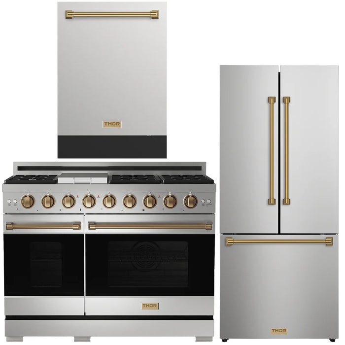 Gordon Ramsay by THOR Kitchen Package - 48" Gas Range, 30" Refrigerator with Ice Maker and Dishwasher in Stainless Steel with Bronze Accents, AP-RSG48E-BRZ-1