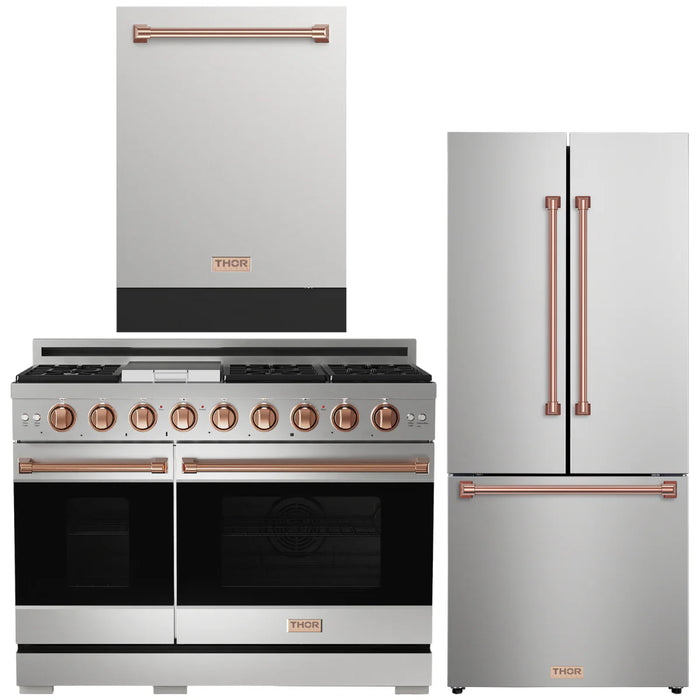 Gordon Ramsay by THOR Kitchen Package - 48" Gas Range, 30" Refrigerator with Ice Maker and Dishwasher in Stainless Steel with Rose Gold Accents, AP-RSG48E-RSG-1