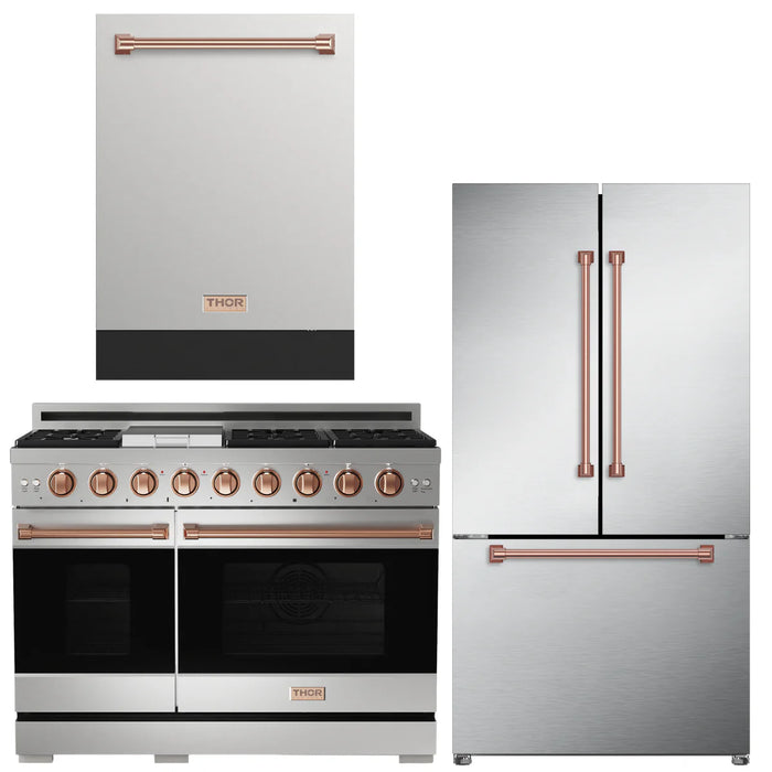 Gordon Ramsay by THOR Kitchen Package - 48" Gas Range, 36" Refrigerator with Ice Maker and Dishwasher in Stainless Steel with Rose Gold Accents, AP-RSG48E-RSG-2
