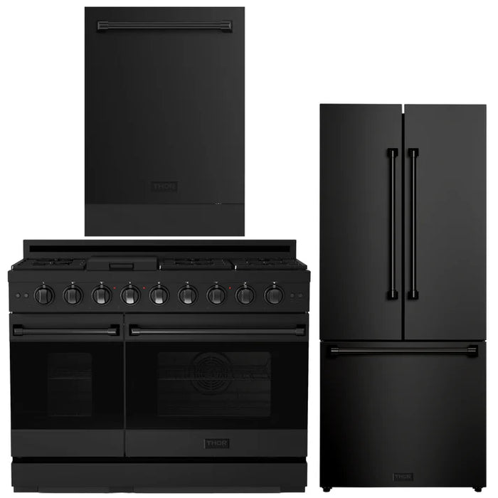 Gordon Ramsay by THOR Kitchen Package - 48" Gas Range, 30" Refrigerator with Ice Maker and Dishwasher in Black Matte with Black Accents, AP-RSG48EB-1