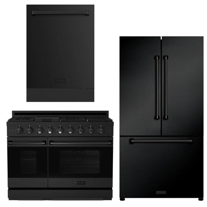 Gordon Ramsay by THOR Kitchen Package - 48" Gas Range, 36" Refrigerator with Ice Maker and Dishwasher in Black Matte with Black Accents, AP-RSG48EB-2