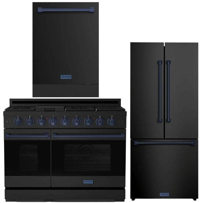 Gordon Ramsay by THOR Kitchen Package - 48" Gas Range, 30" Refrigerator with Ice Maker and Dishwasher in Black Matte with Navy Blue Accents, AP-RSG48EB-BLU-1