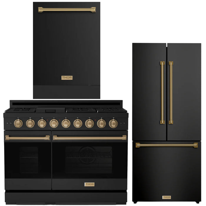 Gordon Ramsay by THOR Kitchen Package - 48" Gas Range, 30" Refrigerator with Ice Maker and Dishwasher in Black Matte with Bronze Accents, AP-RSG48EB-BRZ-1