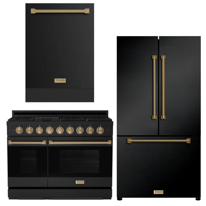 Gordon Ramsay by THOR Kitchen Package - 48" Gas Range, 36" Refrigerator with Ice Maker and Dishwasher in Black Matte with Bronze Accents, AP-RSG48EB-BRZ-2