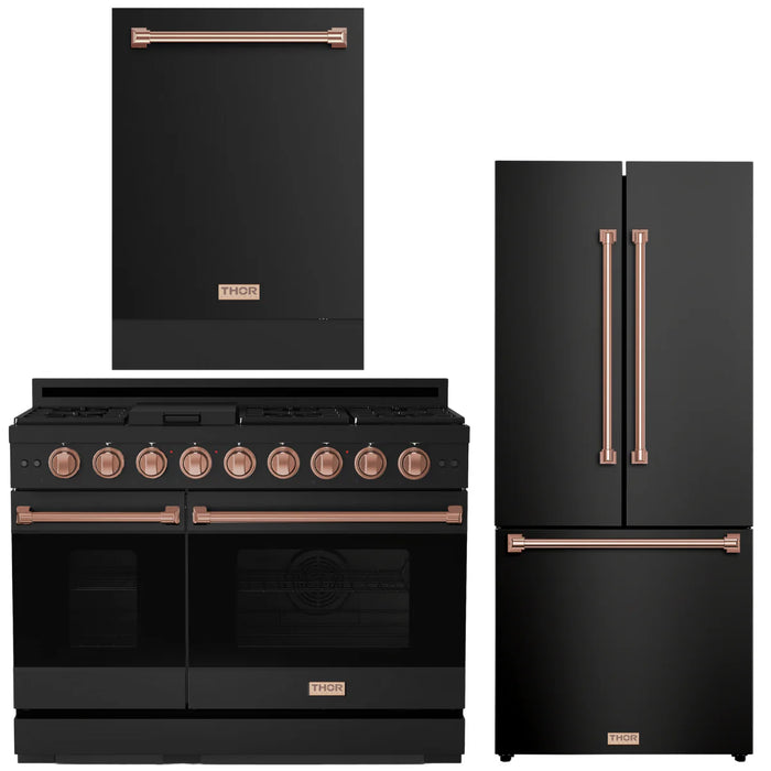 Gordon Ramsay by THOR Kitchen Package - 48" Gas Range, 30" Refrigerator with Ice Maker and Dishwasher in Black Matte with Rose Gold Accents, AP-RSG48EB-RSG-1