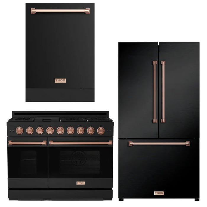 Gordon Ramsay by THOR Kitchen Package - 48" Gas Range, 36" Refrigerator with Ice Maker and Dishwasher in Black Matte with Rose Gold Accents, AP-RSG48EB-RSG-2