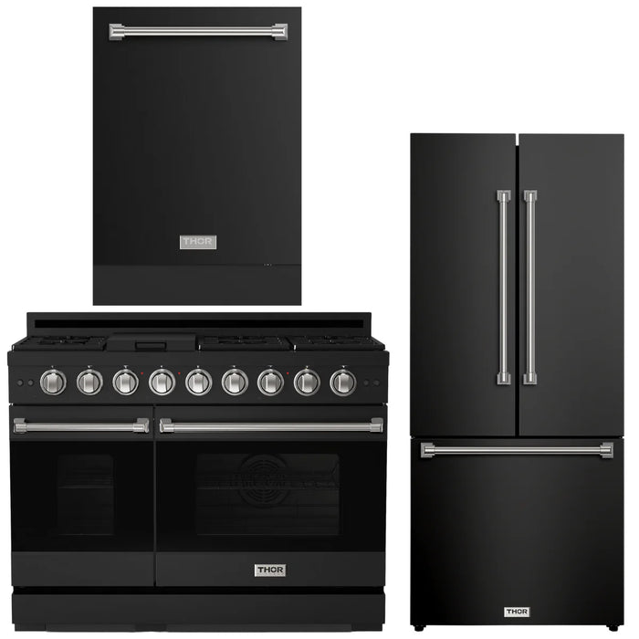 Gordon Ramsay by THOR Kitchen Package - 48" Gas Range, 30" Refrigerator with Ice Maker and Dishwasher in Black Matte with Stainless Steel Accents, AP-RSG48EB-SS-1