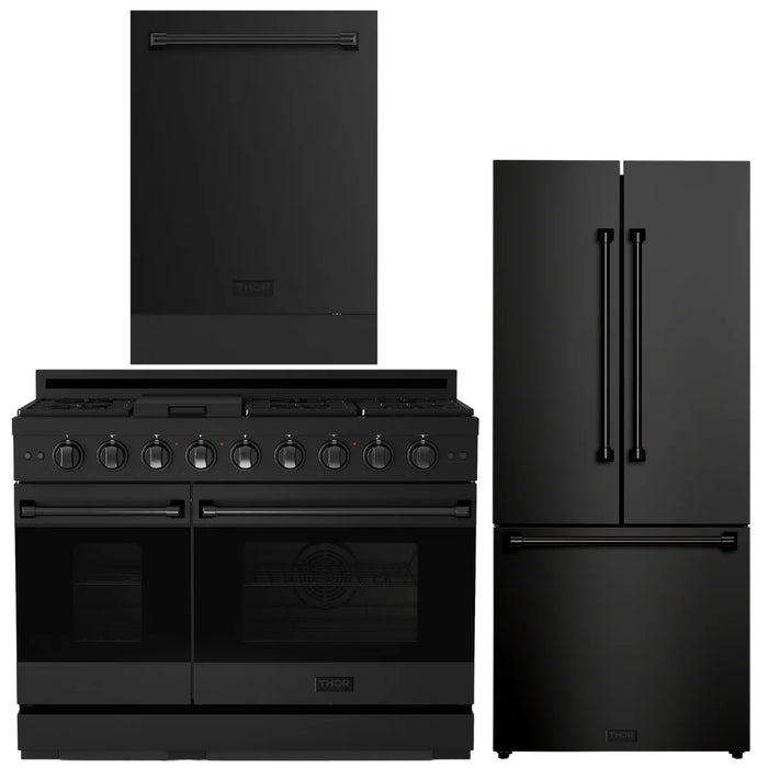 Gordon Ramsay by THOR Kitchen Package - 48" Gas Range, 30" Refrigerator with Ice Maker and Dishwasher in Black Matte with Black Accents, AP-RSG48EBLP-1