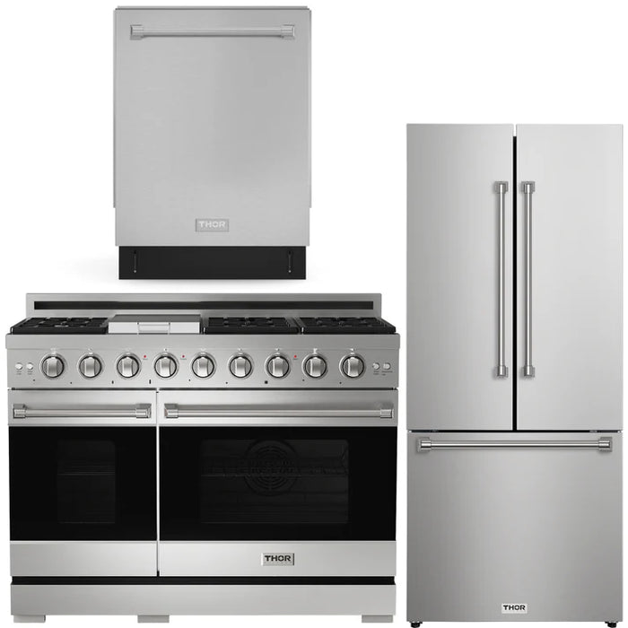 Gordon Ramsay by THOR Kitchen Package - 48" Gas Range, 30" Refrigerator with Ice Maker and Dishwasher in Stainless Steel, AP-RSG48ELP-1