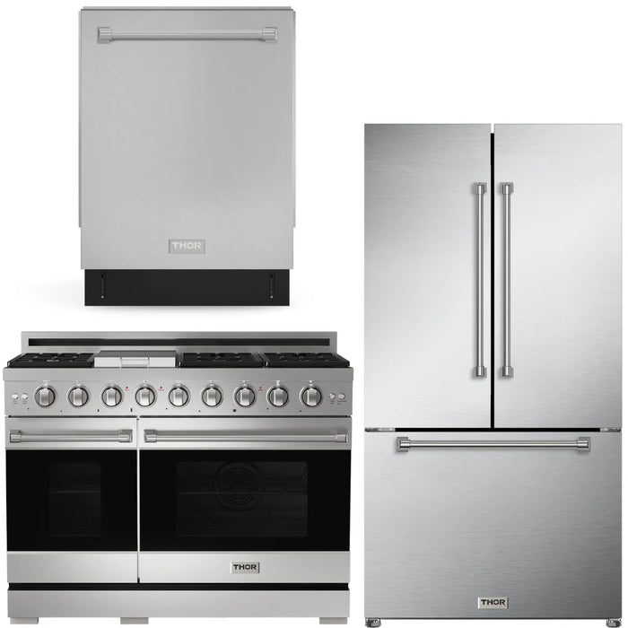 Gordon Ramsay by THOR Kitchen Package - 48" Gas Range, 36" Refrigerator with Ice Maker and Dishwasher in Stainless Steel, AP-RSG48ELP-2