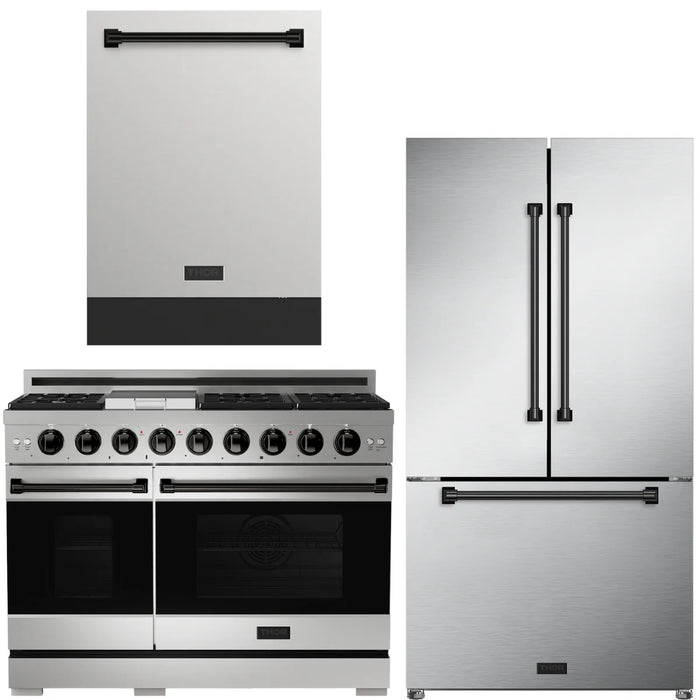 Gordon Ramsay by THOR Kitchen Package - 48" Gas Range, 36" Refrigerator with Ice Maker and Dishwasher in Stainless Steel with Black Accents, AP-RSG48ELP-BLK-2