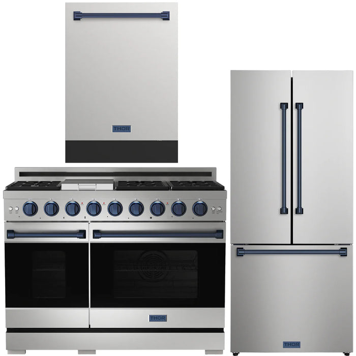 Gordon Ramsay by THOR Kitchen Package - 48" Gas Range, 30" Refrigerator with Ice Maker and Dishwasher in Stainless Steel with Navy Blue Accents, AP-RSG48ELP-BLU-1