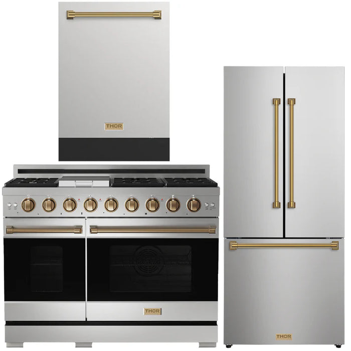 Gordon Ramsay by THOR Kitchen Package - 48" Gas Range, 30" Refrigerator with Ice Maker and Dishwasher in Stainless Steel with Bronze Accents, AP-RSG48ELP-BRZ-1
