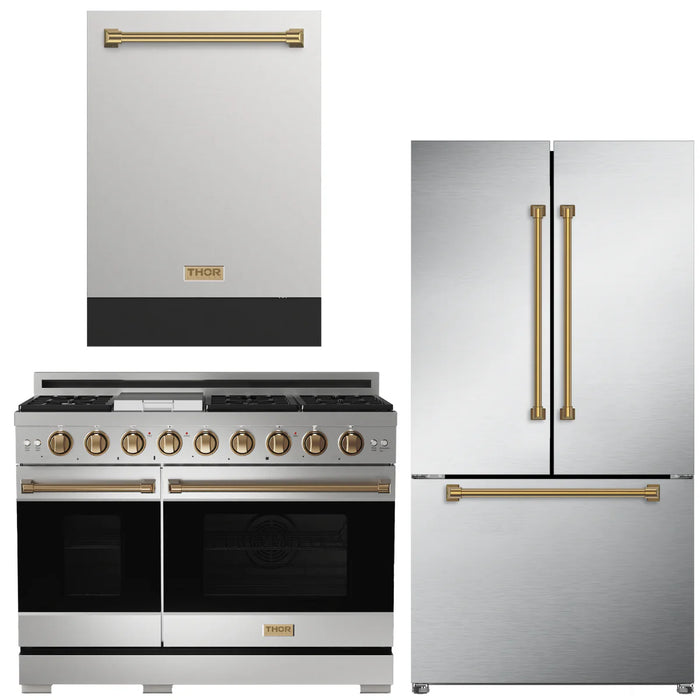 Gordon Ramsay by THOR Kitchen Package - 48" Gas Range, 36" Refrigerator with Ice Maker and Dishwasher in Stainless Steel with Bronze Accents, AP-RSG48ELP-BRZ-2