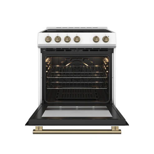 Forno Espresso Package - 30" Electric Range and Range Hood in White with Antique Brass Handles, FBDL-002-03US