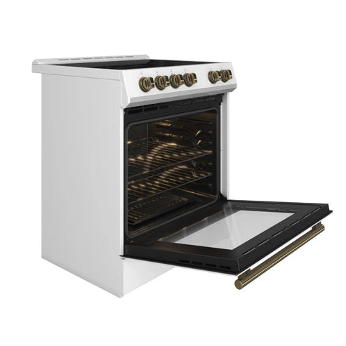 Forno Espresso Package - 30" Electric Range and Range Hood in White with Antique Brass Handles, FBDL-002-03US