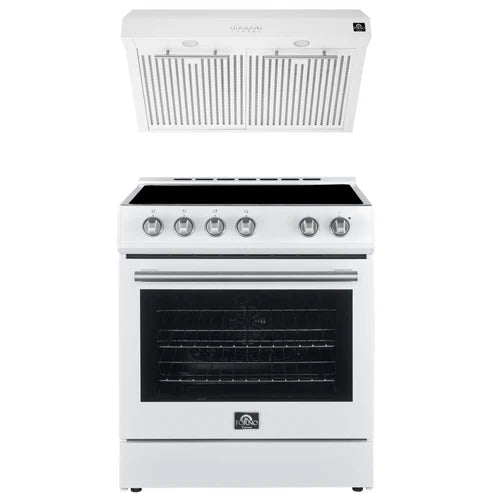 Forno Espresso Package - 30" Electric Range and Range Hood in White with Antique Brass Handles, FBDL-002-03US