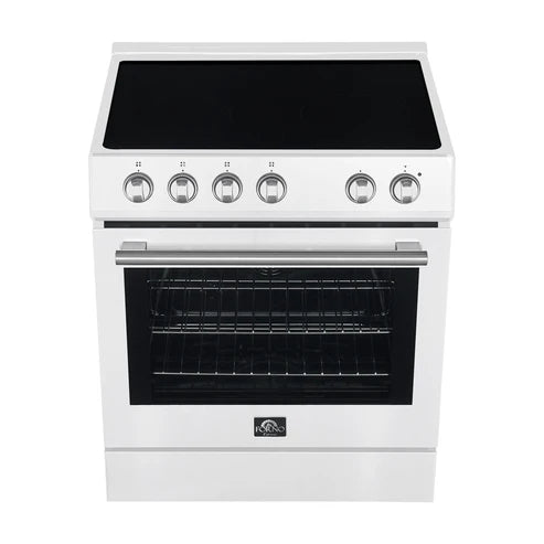 Forno Espresso Package - 30" Electric Range and Range Hood in White with Antique Brass Handles, FBDL-002-03US