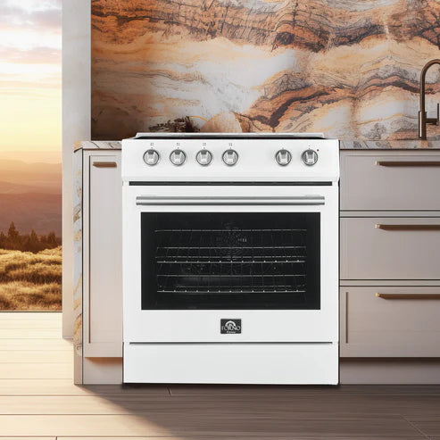 Forno Espresso Package - 30" Electric Range and Range Hood in White with Antique Brass Handles, FBDL-002-03US