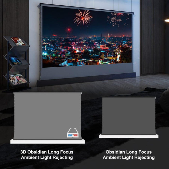 VIVIDSTORM S: 3D ALR Motorized Tension Floor Rising 3D Obsidian Long Throw ALR (High Gain) Projector Screen