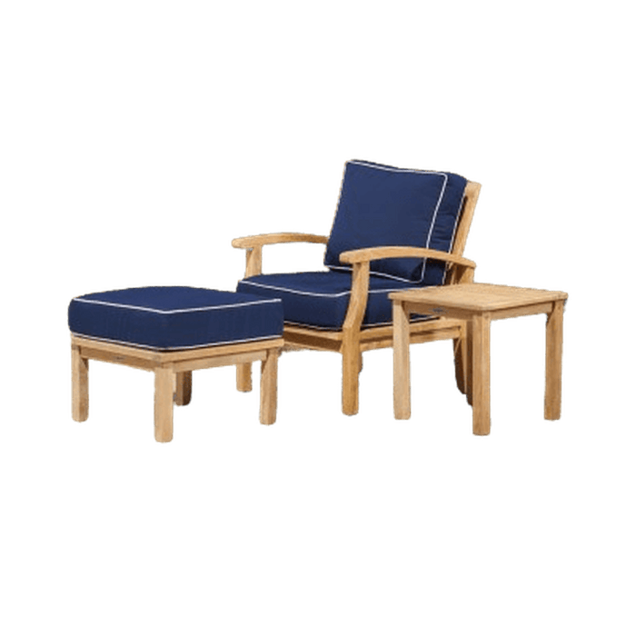 Tortuga Outdoor 3Pc Indonesian Teak Club Chair Set - 1 Club Chair, 1 Side Table, 1 Ottoman - Sunbrella Navy